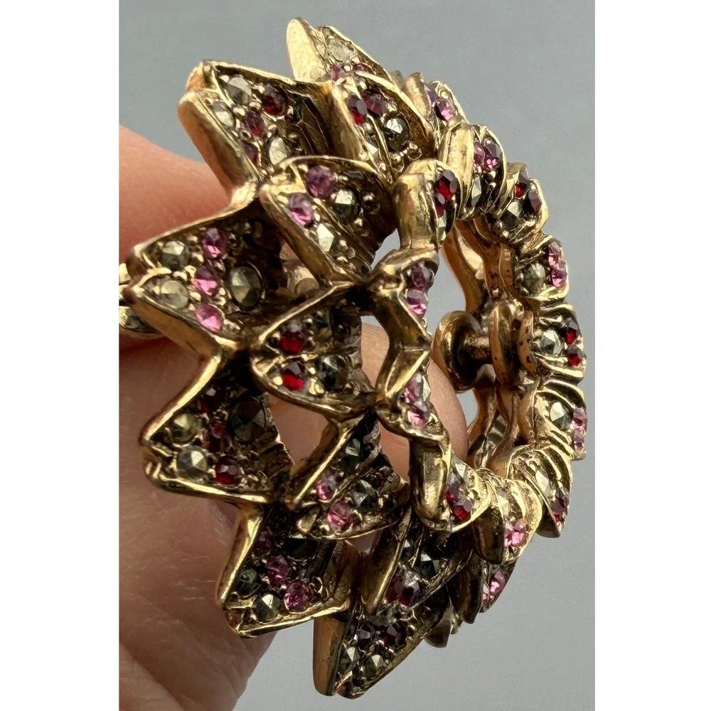 Vintage Les Bernard Brooch Pink Red Rhinestone Marcasites Dimensional Floral